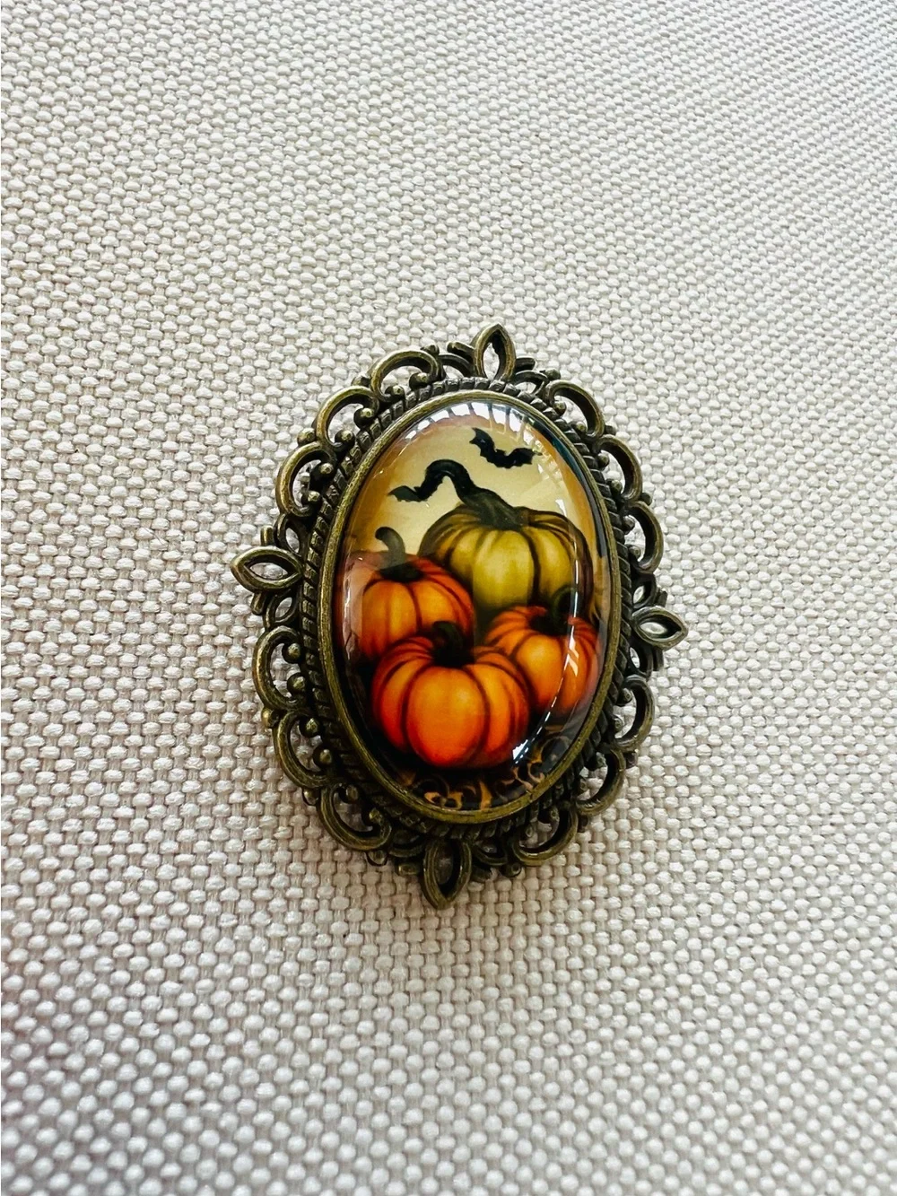 Vintage Style Pumpkin & Bat Brooch | Antique Gold Tone